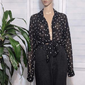 Fun & Flirt Black Sheer Skull Button Down L